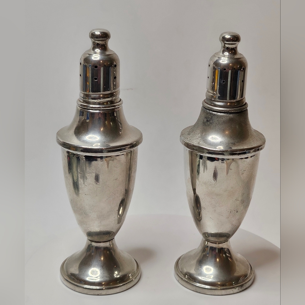 Vintage WEB Weighted Pewter Salt And Pepper Shakers Formal Design Set Art Deco